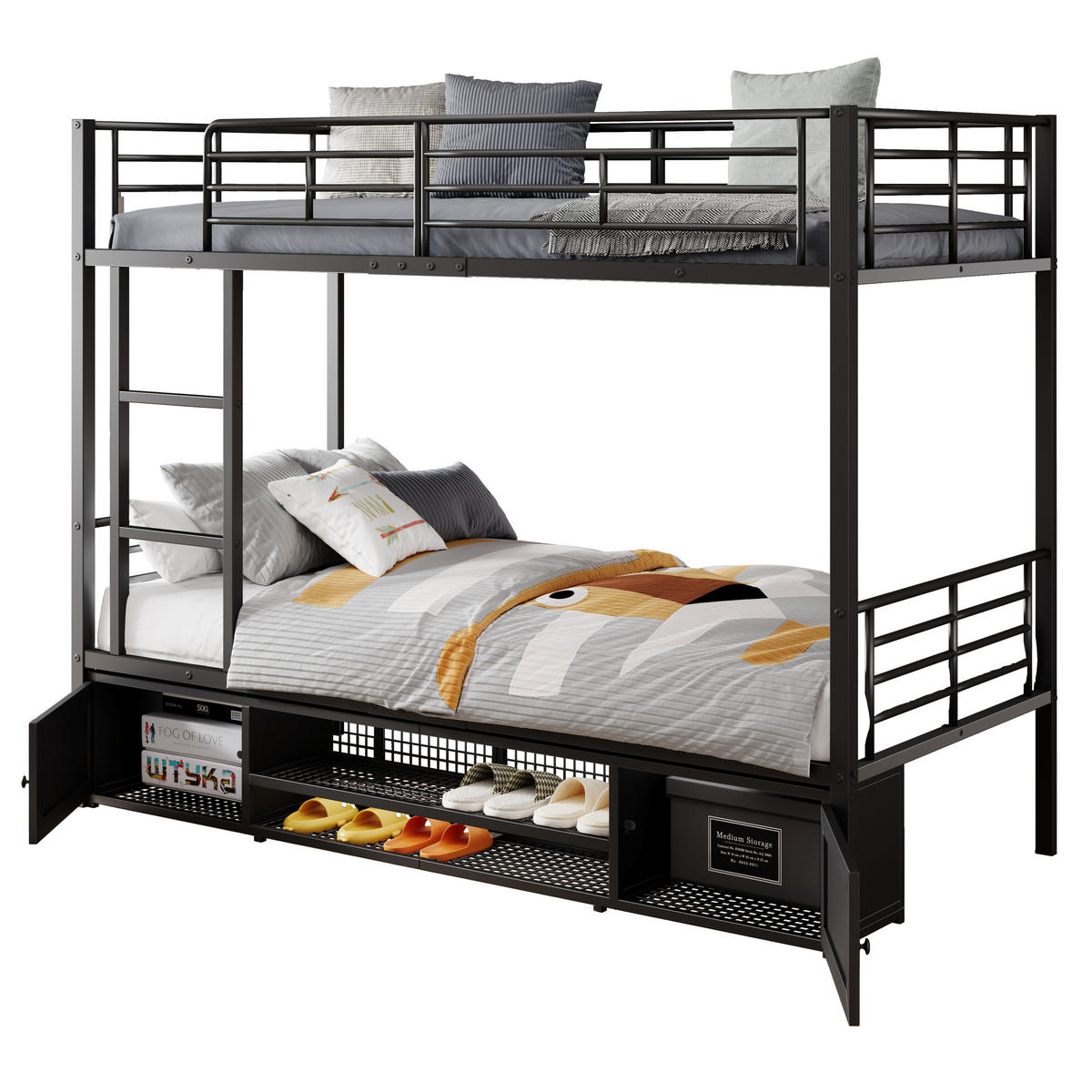 ETAGENBETT 90/200 cm Schwarz aus Eisen mit Schuhablage und Sicherheitsgitter - Schwarz, Metall (90/200cm) - OKWISH