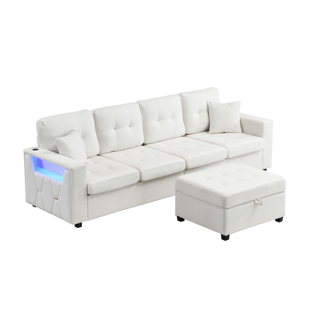 ECKSOFA 253/144.5/80.7 cm Beige mit Aufbewahrungshocker, LED Stimmungslicht und Stauraum - Beige, Textil (253/144.5cm) - Oxeza