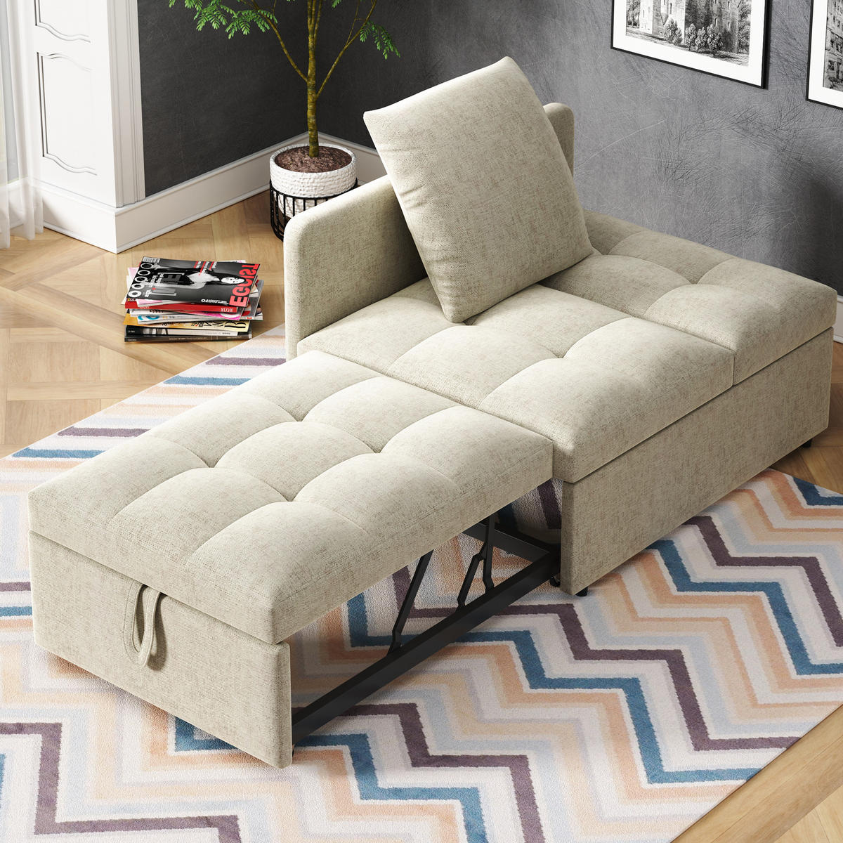 SCHLAFSOFA 3-in-1 Leinenstoff mit 5-fach verstellbarer Rückenlehne Beige 177/68/65 cm - Beige, Textil (68/65/177cm) - Redom