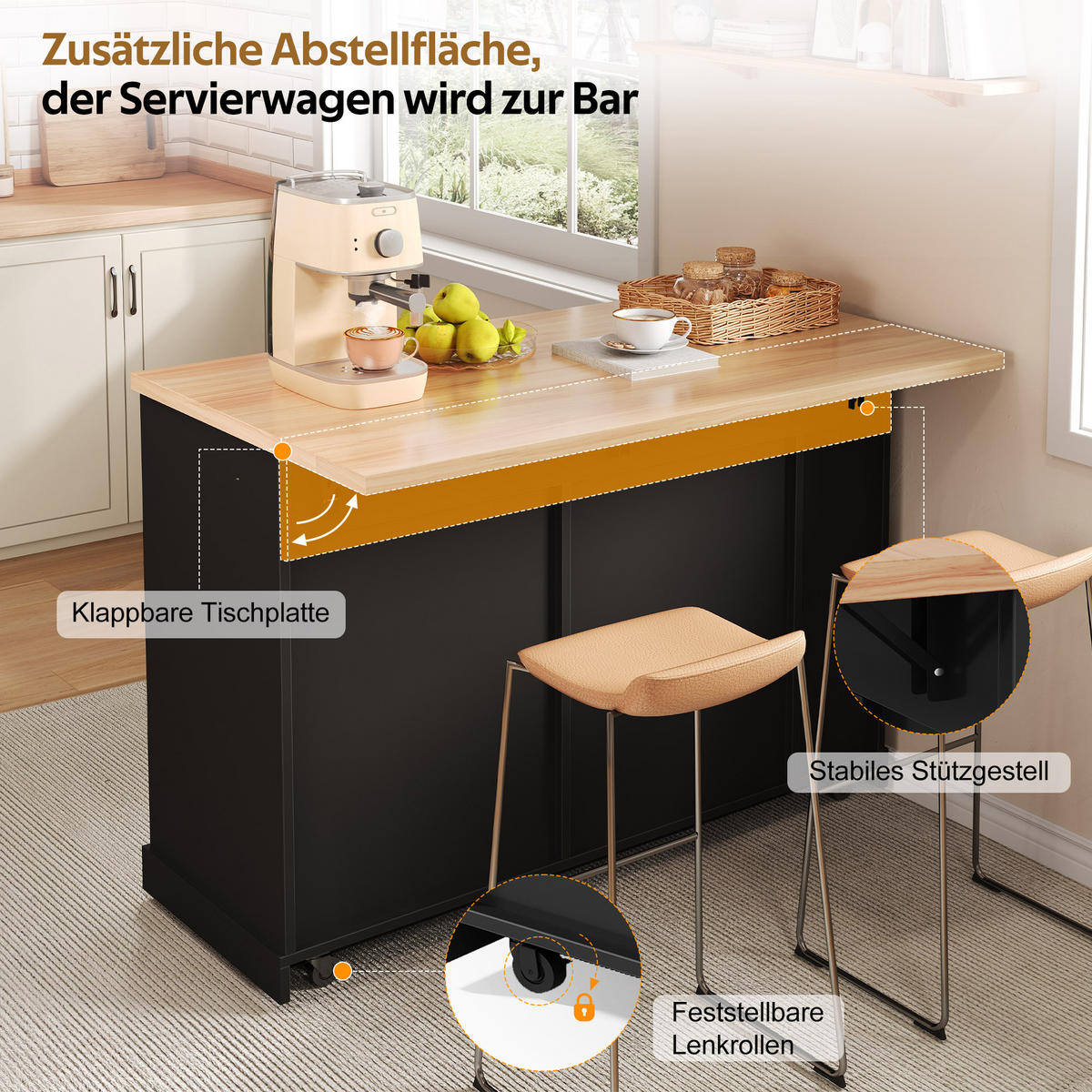 KÜCHENINSEL 120/45(70)/93 cm Schwarz mit Müllschrank, 4-stufigem Gewürzregal und 2 Schubladen - Schwarz, Holz/Holzwerkstoff (70/93.5/120cm) - Oxeza