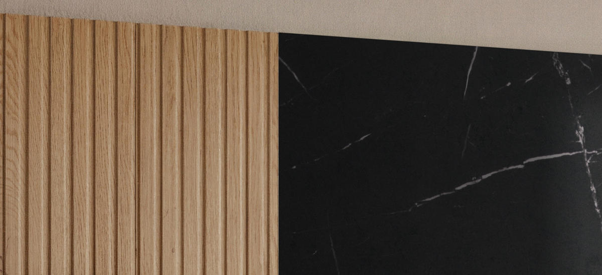 TV-LOWBOARD Cremona Eiche, Marmor schwarz 160 cm hängend, TV Unterschrank Set mit Wandpaneel - Eichefarben/Schwarz, Holzwerkstoff (160/148/35cm) - Inn.Furn