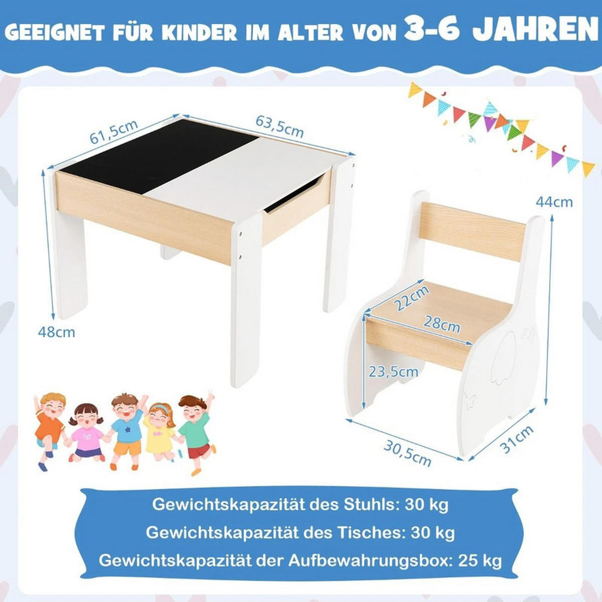 KINDERTISCH mit Stuhl weiß(3-tlg) - Weiß, Holzwerkstoff (63.5/48/61.5cm) - COSTWAY