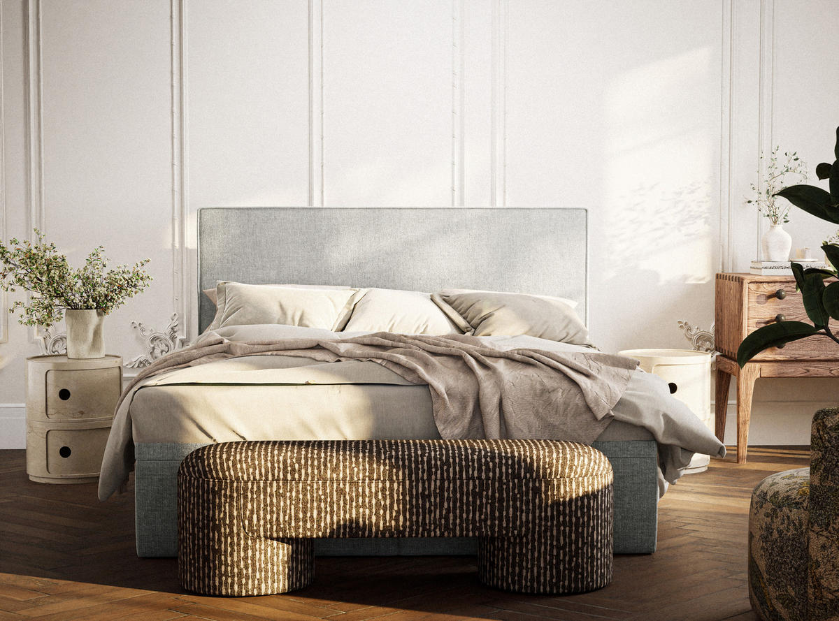 BOXBETT 180/200 cm Tegal, in Hellgrau, Matratze, gepolstertes Kopfteil, Bettkasten, H3 = fest - Hellgrau/Schwarz, Holz/Holzwerkstoff (180/200cm) - Maison de Reve