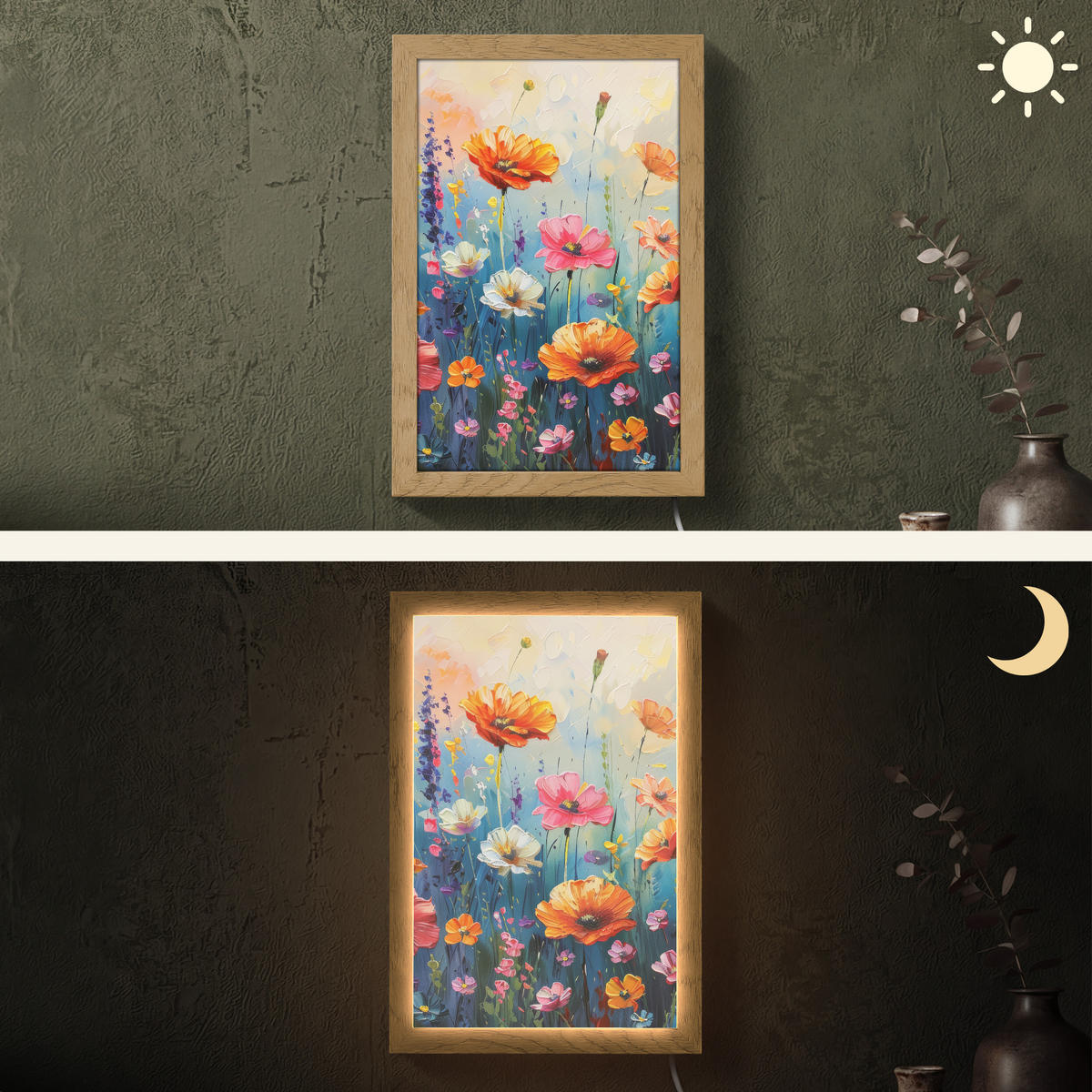 NÁSTĚNNÁ LAMPA Květiny - Příroda - Akvarel - Umění 20x30 cm - různobarevná, kompozitní dřevo (20/30/8cm) - OnlyWow