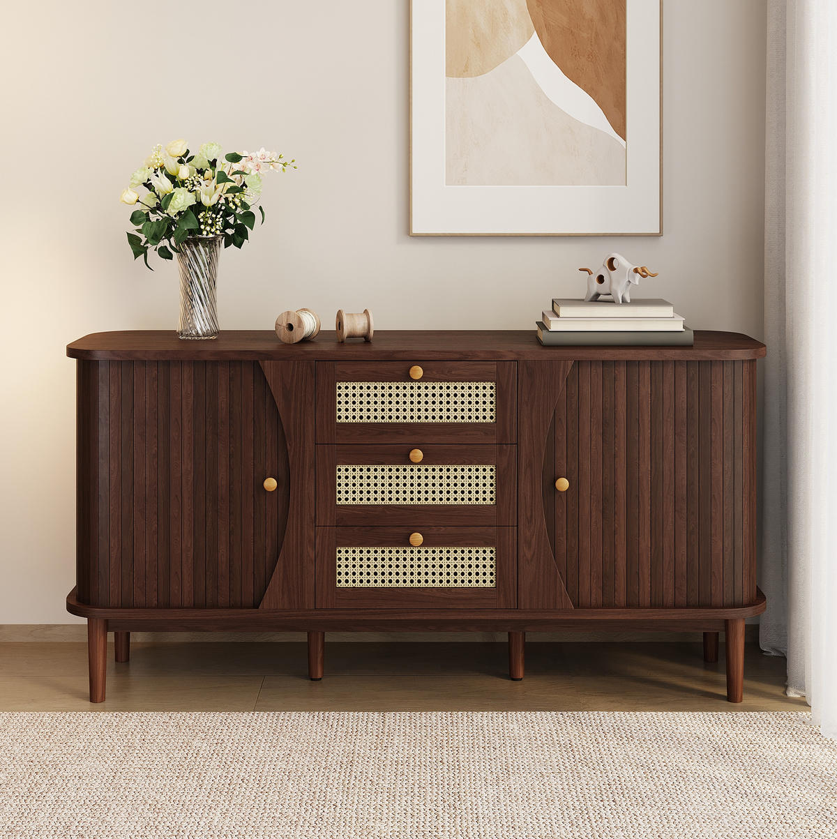 KOMMODE aus Spanplatte 140,5x40x76cm in Walnussfarben mit Rattan-Schubladen - Walnussfarben, Holzwerkstoff (140.5/76/40cm) - Modfu