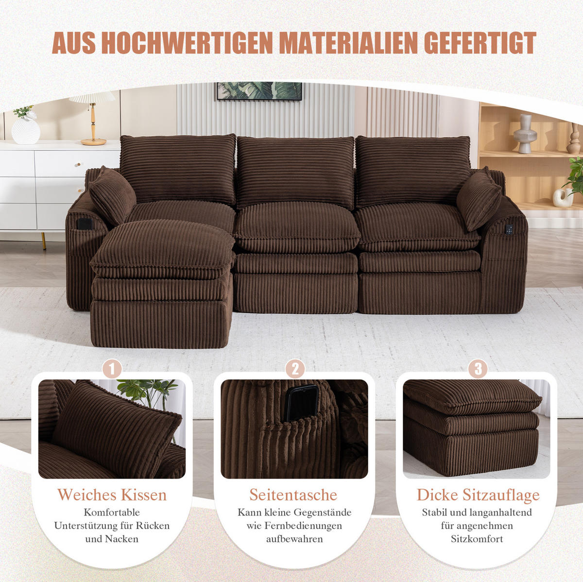 ECKSOFA aus Cord 263x167x85 cm Braun mit Hocker, Seitentaschen und Federkern - Braun, Textil (263/167cm) - Modfu