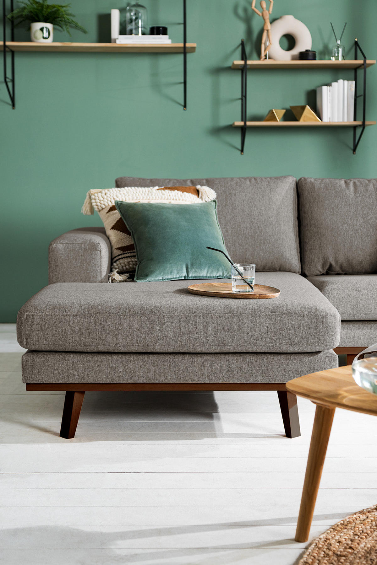 WOHNLANDSCHAFT mit Longchair - Graubraun/Buchefarben, Buchenholz/Textil (371/81/219cm) - home24