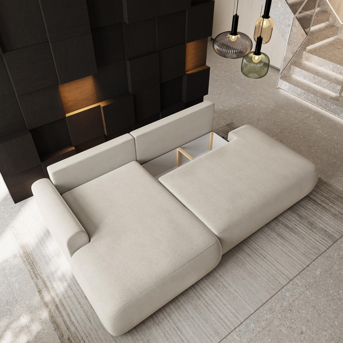 ECKSOFA NUVIRA CL L-S Creme Samtstoff mit Schlaffunktion - Creme, Holzwerkstoff/Textil (279/158cm) - MASSENO