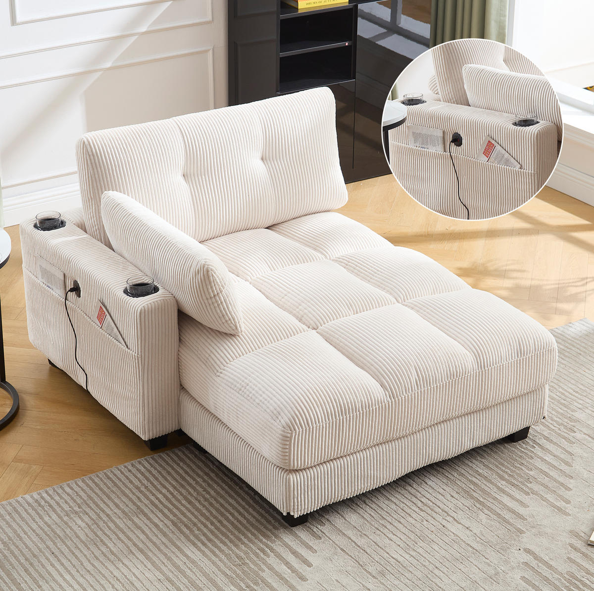 SESSEL mit USB und Getränkehaltern 140 x 112 x 81 cm Cord Beige - Beige, Holz (112/81/140cm) - Meubliv