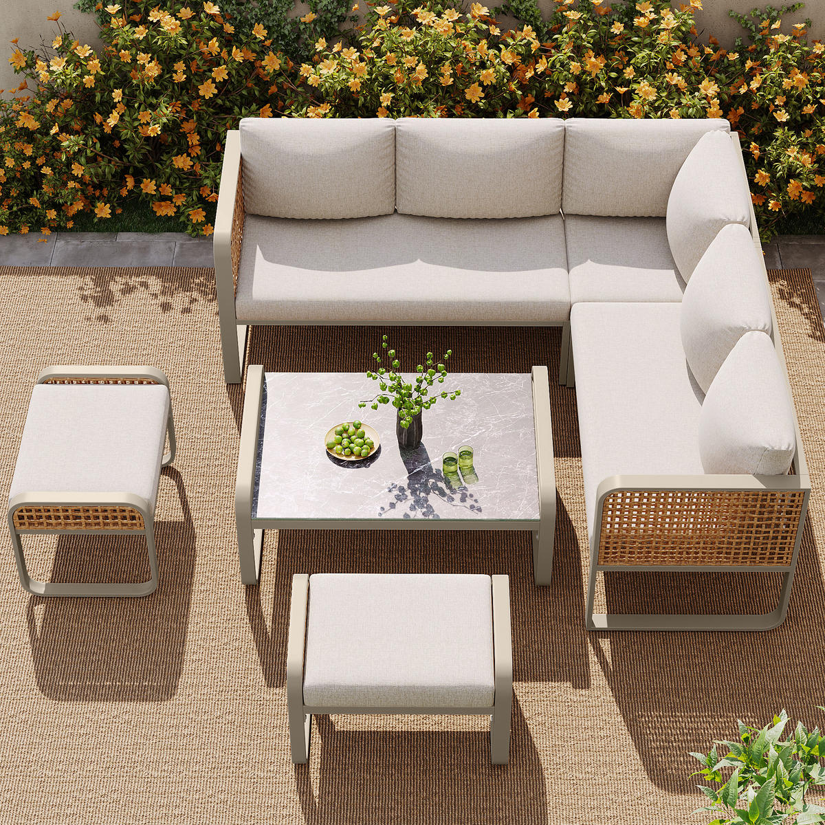 LOUNGESET 6-7 Personen Beige Rattan Mit Verstellbaren Füßen - Beige, Metall - FLIEKS