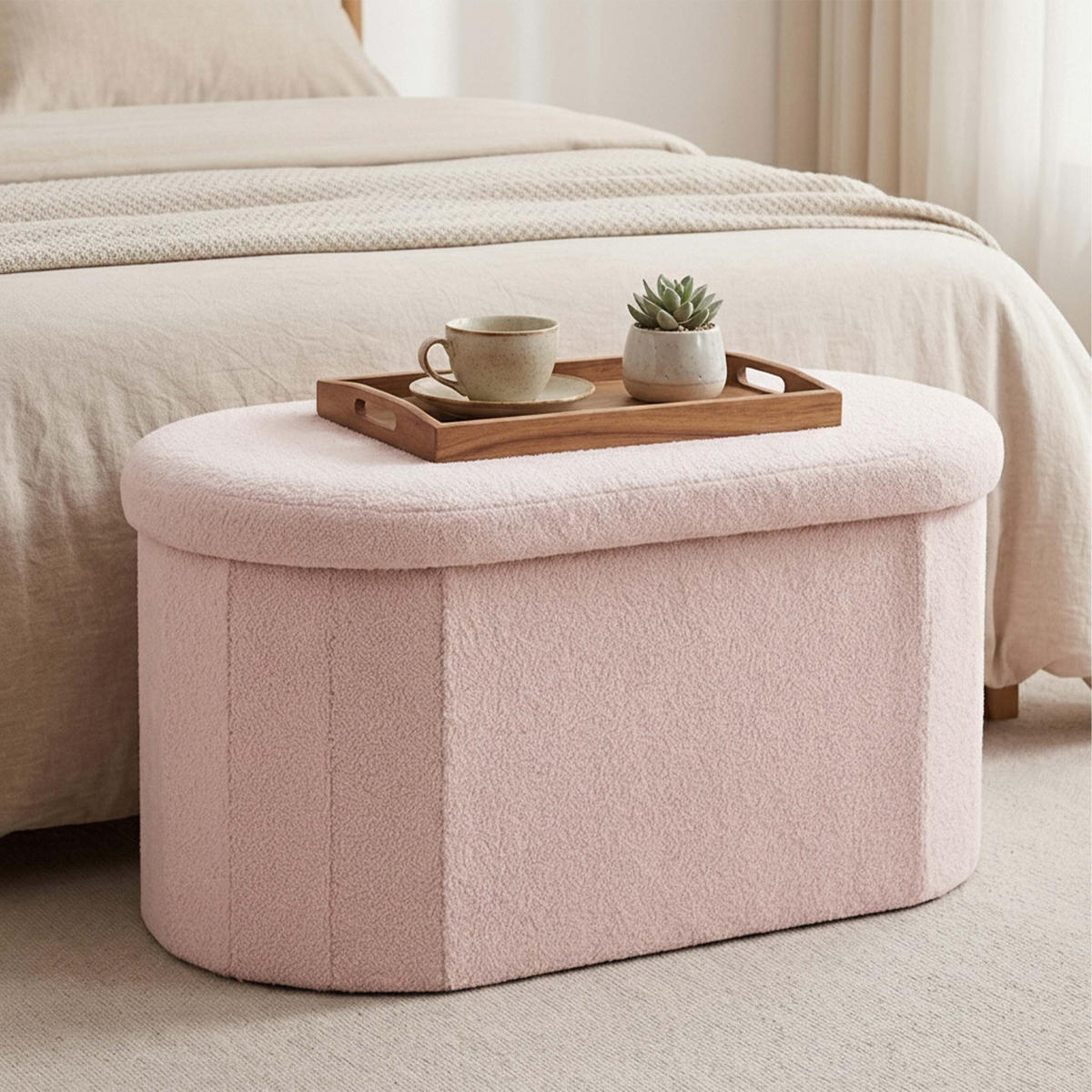 LAVICE Růžová s úložným prostorem teddy čalounění 76 cm - růžová, kompozitní dřevo/textil (76/38/38cm) - Relaxdays
