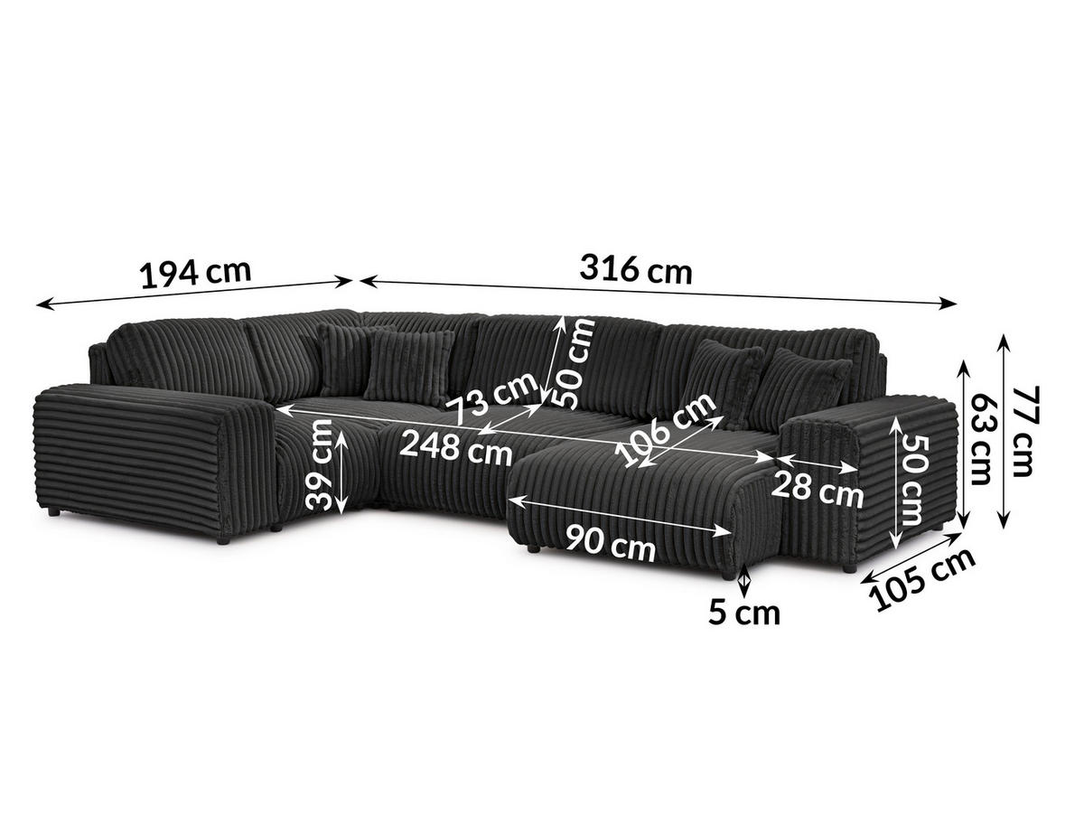 WOHNLANDSCHAFT Mollis Dunkelgrau Plüschcord im XXL-Format - Ottomane Rechts - Dunkelgrau/Schwarz, Holz/Kunststoff (316/77/194cm) - S-Style Möbel