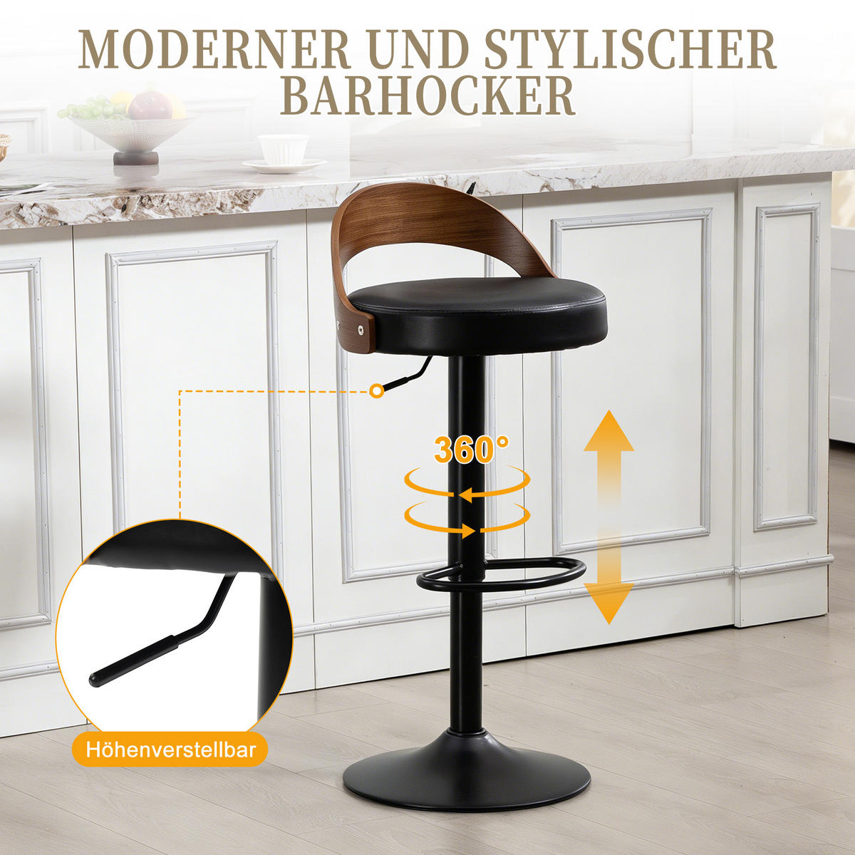 BARHOCKER 2er-Set drehbar mit PU-Sitz und Walnussholz, Schwarz - Schwarz, Kunststoff (42.5/77/42cm)
