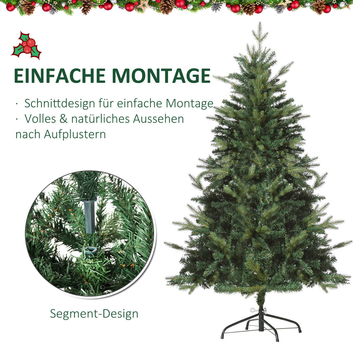 WEIHNACHTSBAUM 1,5 m Christbaum Kunsttanne 946 Zweige Metallfuß PVC Weiß - Grün, Kunststoff (150cm) - HOMCOM