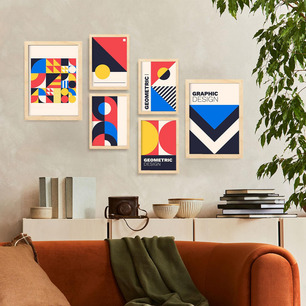 POSTER Set Mit 6 Drucken Im Bauhaus 1 Geometrische Designkollektion Drucke Mit Ästhetische Dekorative Für Zuhause A3 & A4 Rahmen Aus Hellem Holz - Beige, Papier (29/3cm) - Nacnic