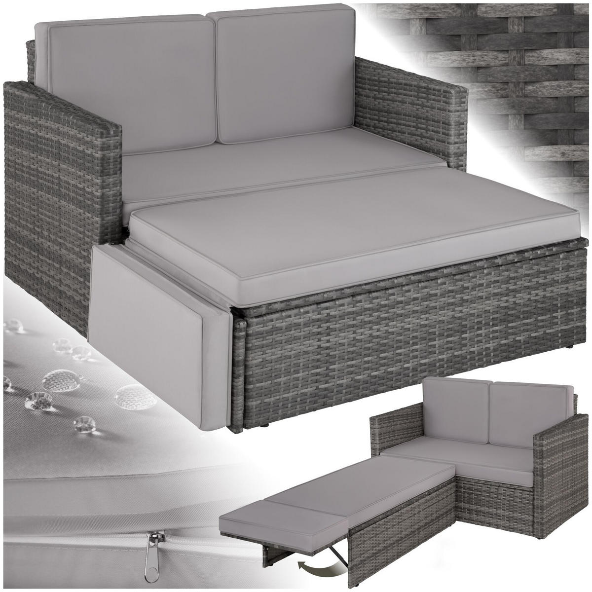 RATTANLOUNGE Korfu mit Sofa & Hocker, UV-beständig, Wasserabweisende Kissen, Grau, Sofa 119 x 64,5 x 71,5 cm - Grau, Kunststoff - tectake
