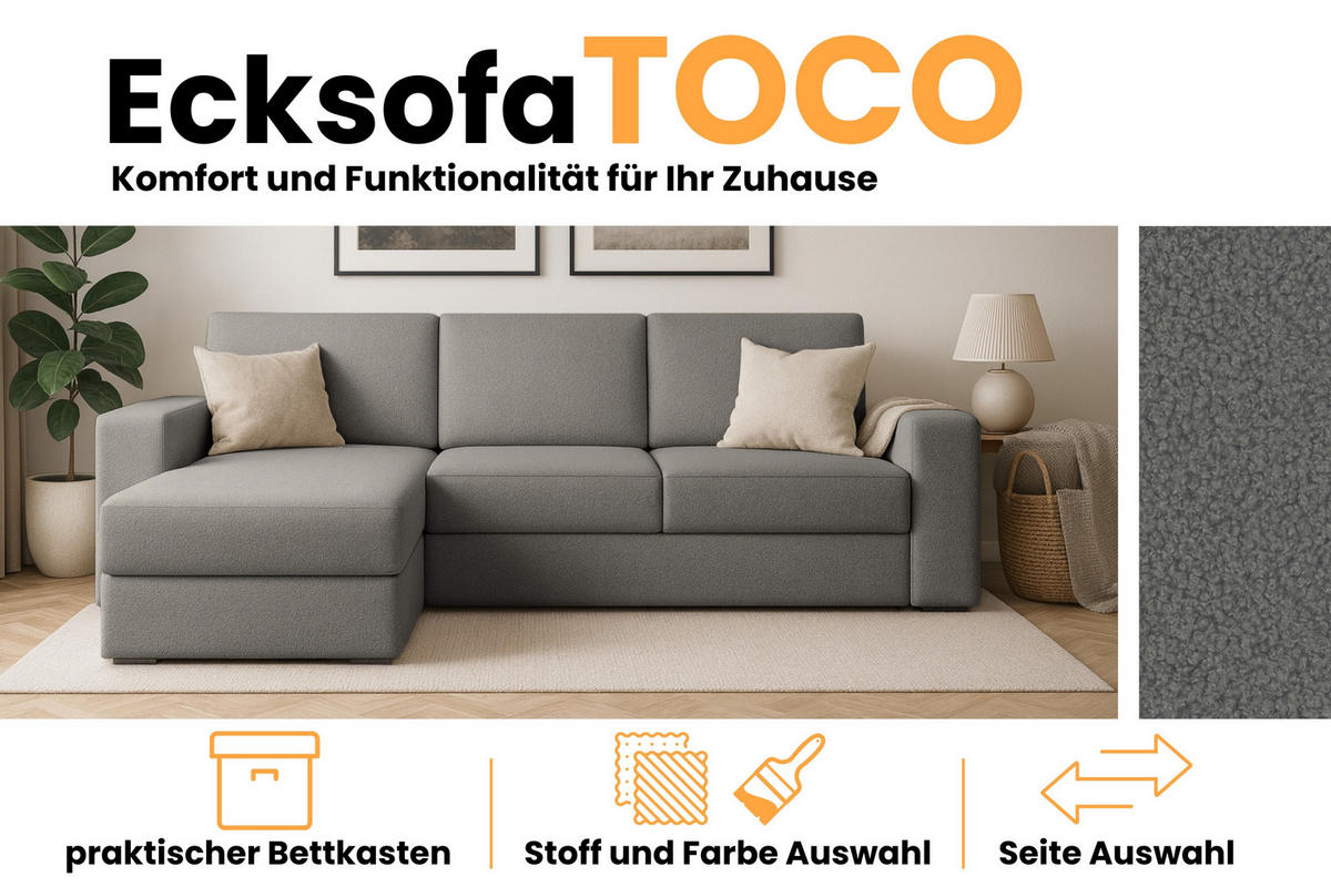 ECKSOFA TOCO L 240x145 cm in Boucle Dunkelgrau links - Creme, Holz/Holzwerkstoff (240/145cm) - Deine Möbel 24