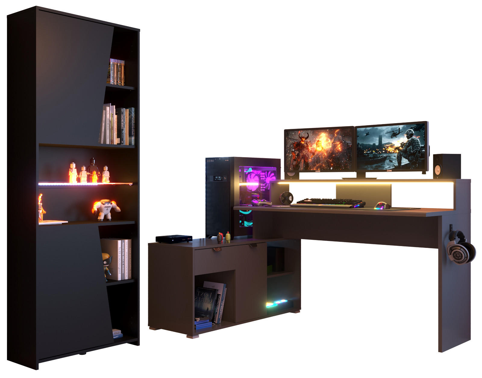 SCHREIBTISCHKOMBINATION schwarz, grau, Set Gamingtisch und Regal inkl. LED mit Farbwechsel - Schwarz/Grau, Holzwerkstoff/Kunststoff (180/229/95cm) - Parisot Meuble