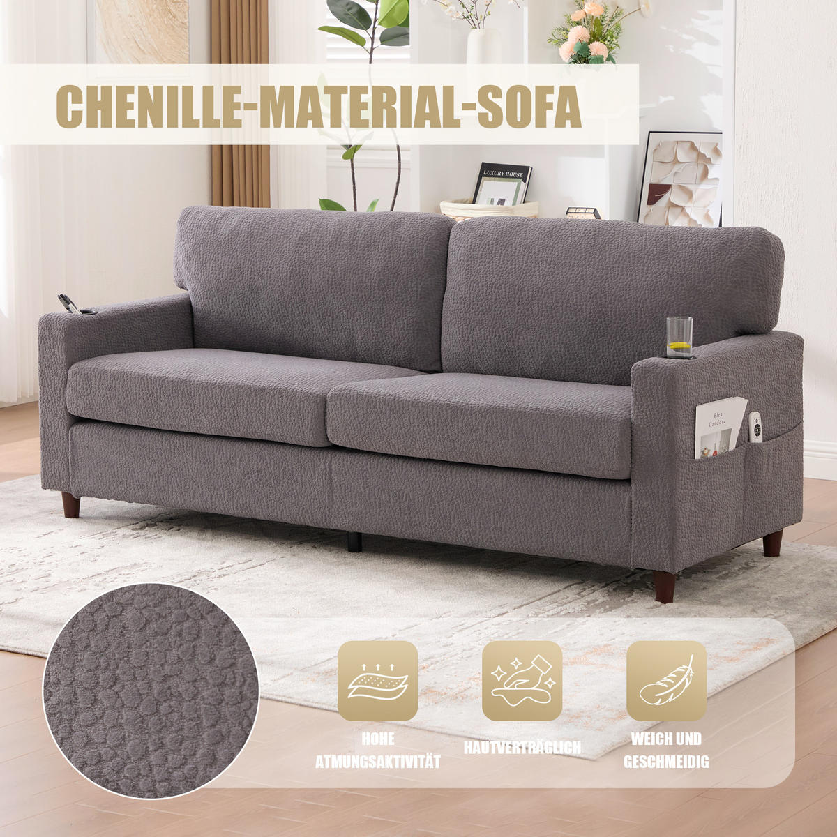 ZWEISITZER Sofa Chenille mit USB-Anschluss LED-Licht und Getränkehaltern 203/77,5/86 cm Hellgrau - Hellgrau, Textil (77.5/86/203cm) - Redom