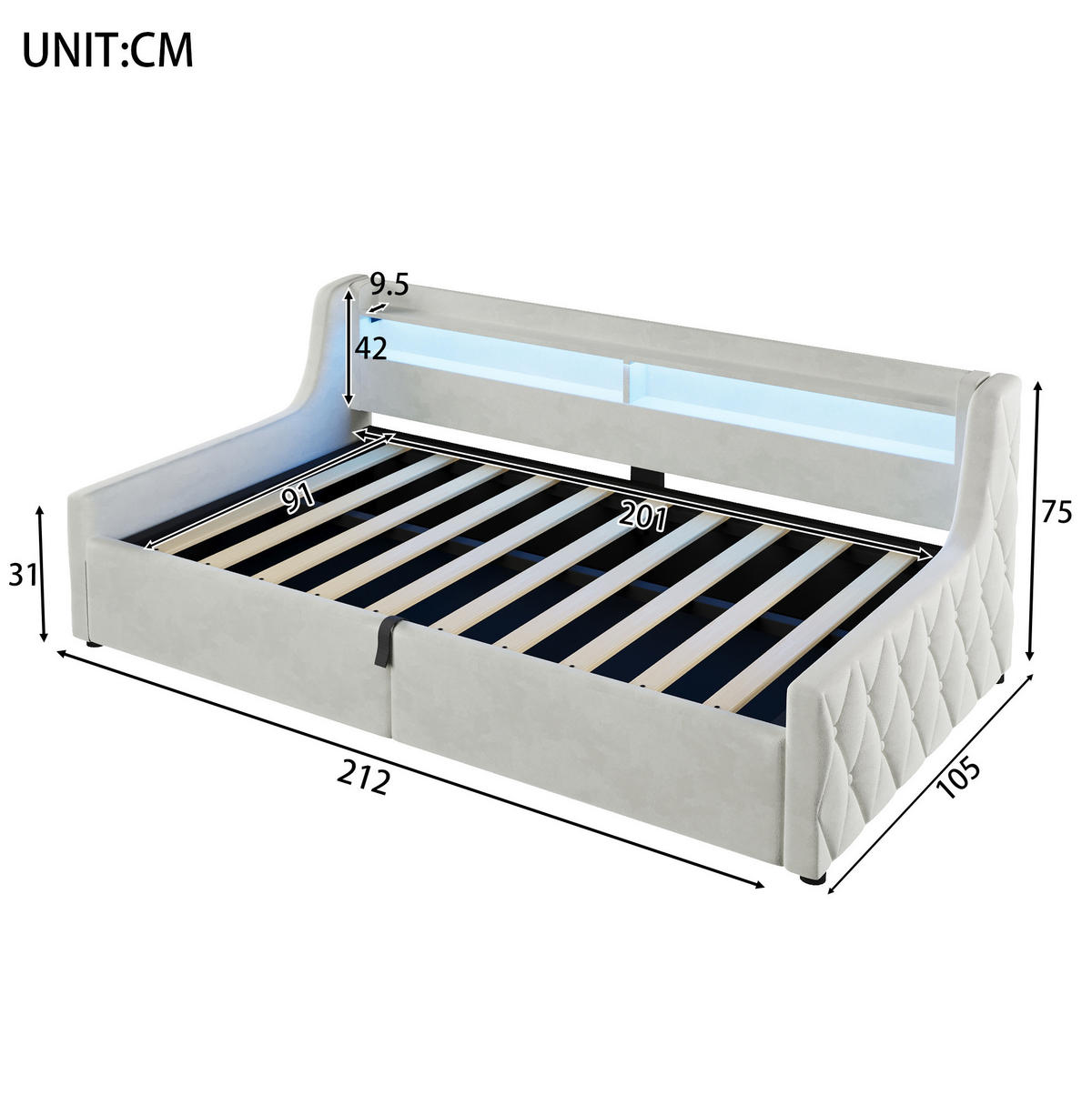 POLSTERBETT 90x200 cm in Off White mit LED-Kopfteil und hydraulischem Bettkasten - Creme, Textil (90/200cm) - IVMEU