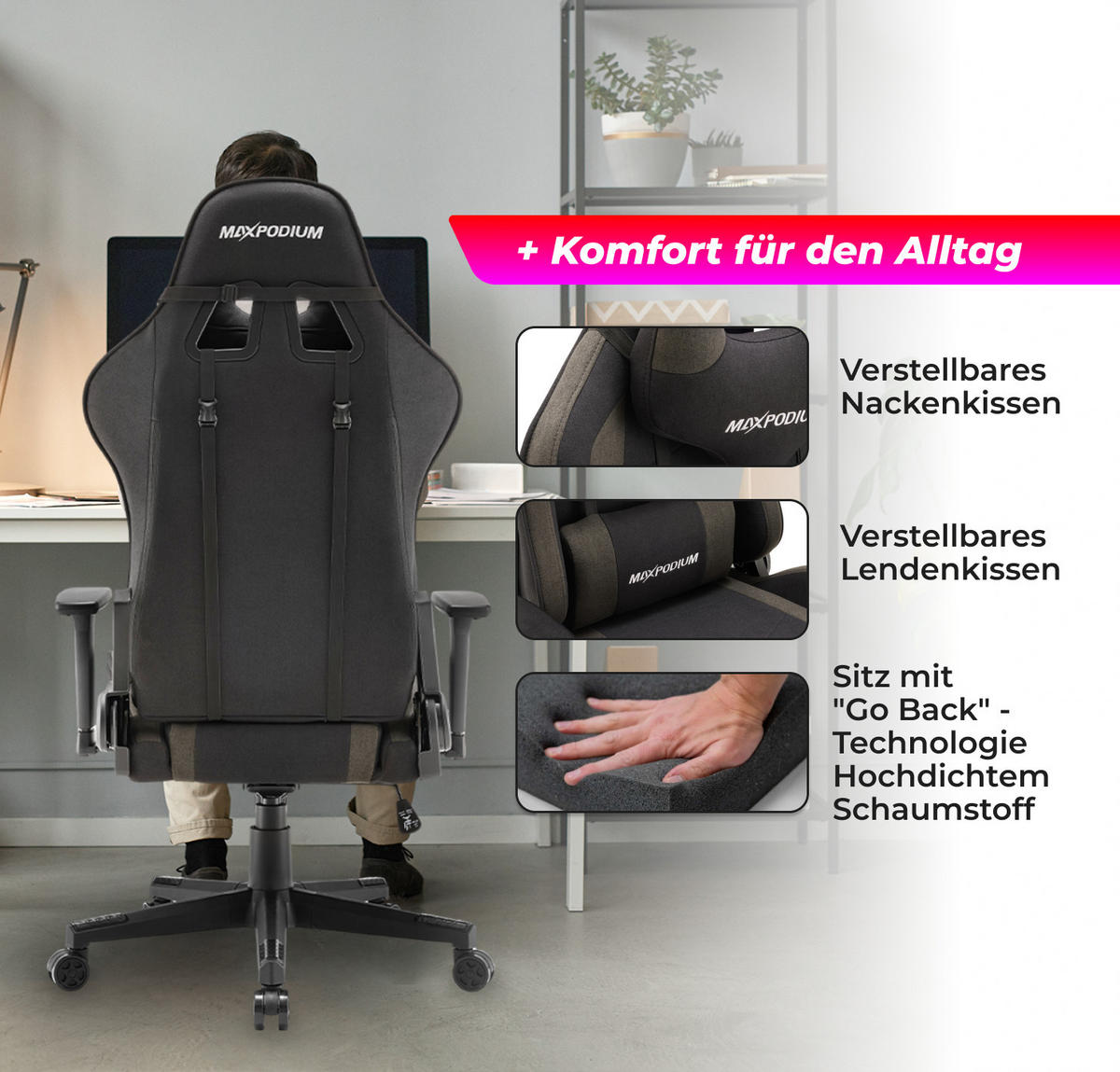 GAMING-STUHL Tactical Grau - Dunkelgrau/Grau, Textil/Metall (55/137/50cm) - MaxPodium