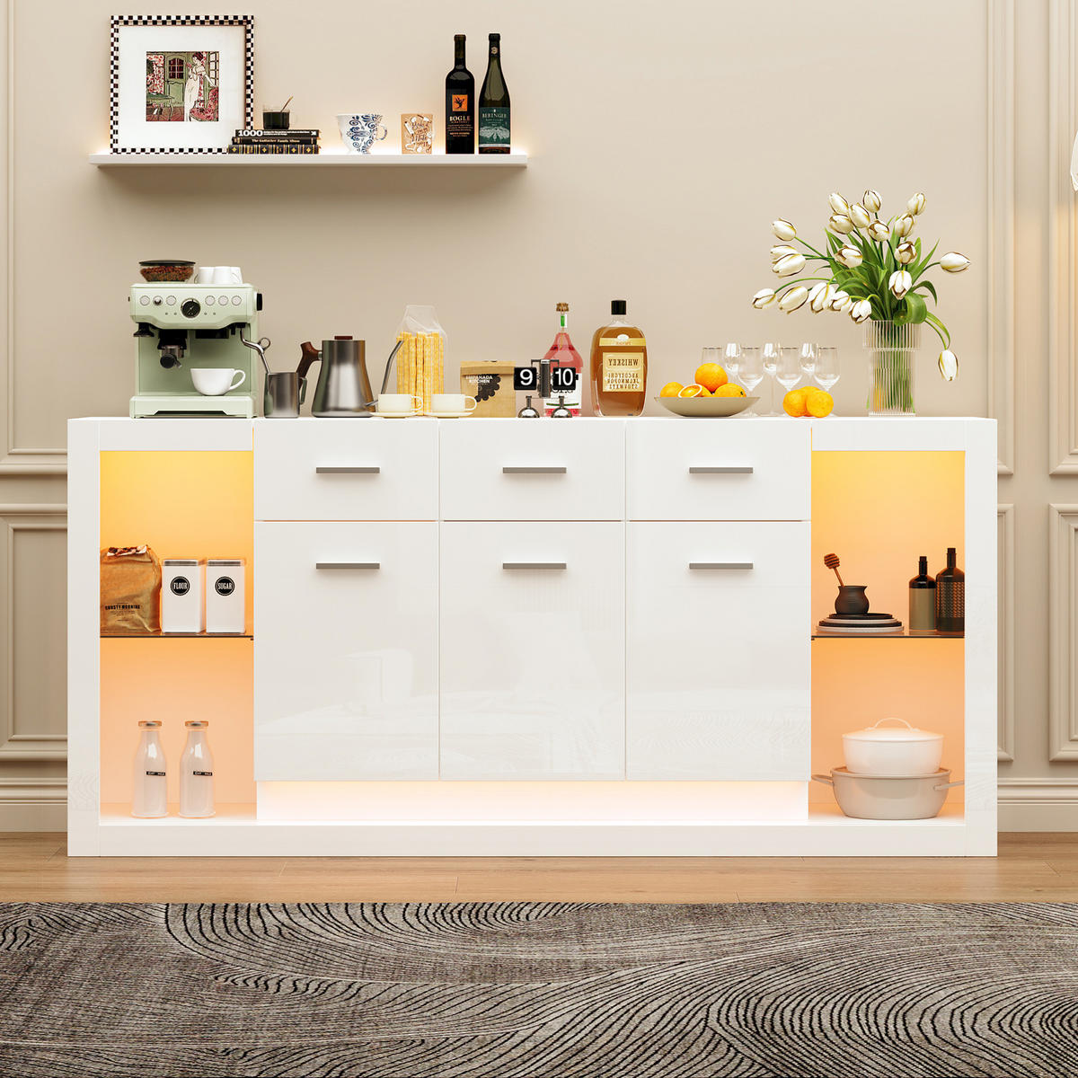 SIDEBOARD aus Spanplatte 160x40x75 cm Weiß mit LED-Beleuchtung, 3 Schubladen und 14 Fächern - Weiß, Holzwerkstoff (160/75/40cm) - IVMEU