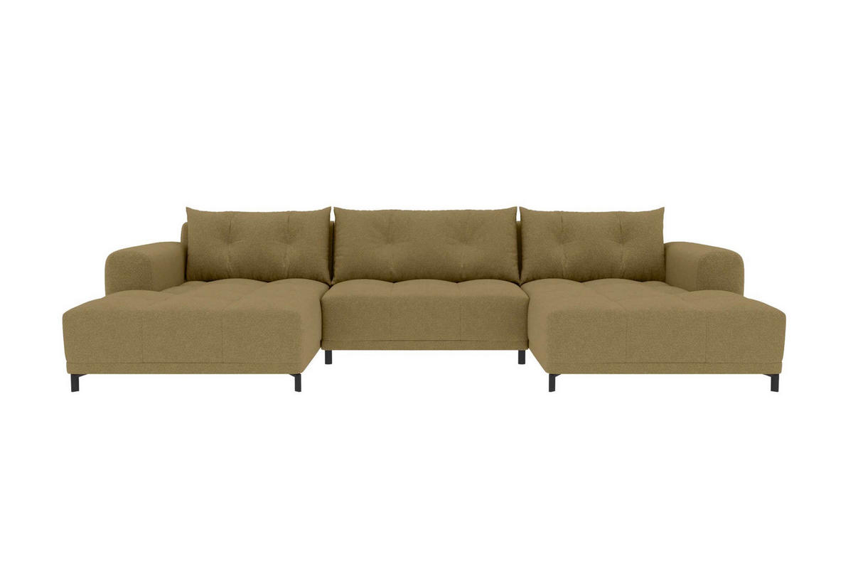 WOHNLANDSCHAFT Strukturstoff Khaki inkl. Schlaffunktion - Schwarz/Olivgrün, Textil/Metall (348/94/181cm) - 99rooms