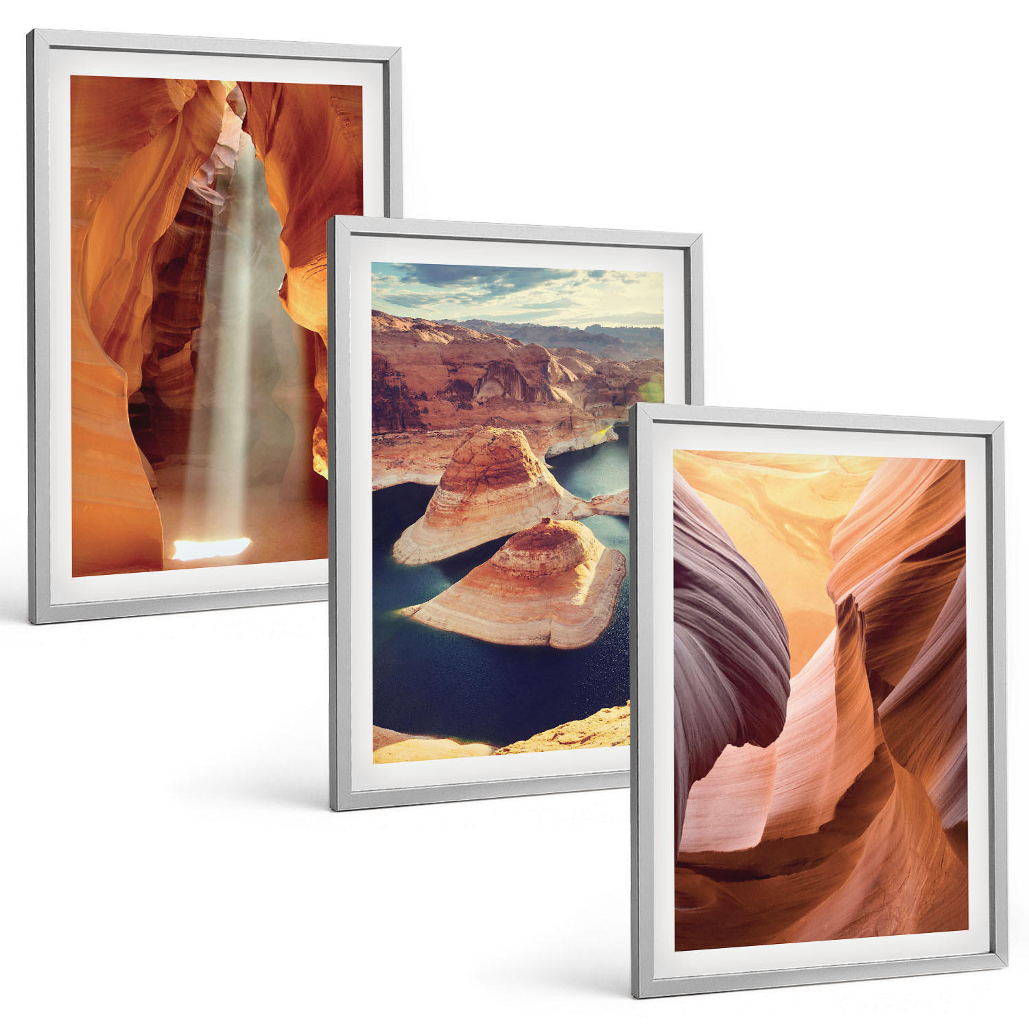 BILDER SET 3er Set - 40x60 cm Silberner Rahmen - Wasserfall in der Schlucht - Silberfarben, Kunststoff (40/60cm) - TULUP