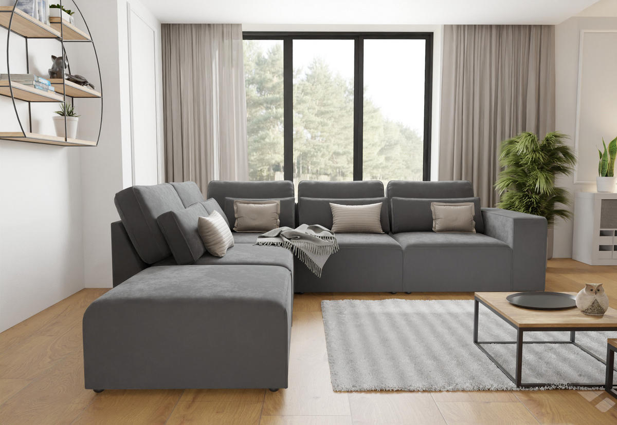 ECKSOFA modularer Leox Grau Samt-Stoff - Beige/Schwarz, Kunststoff/Textil (305/281cm) - S-Style Möbel