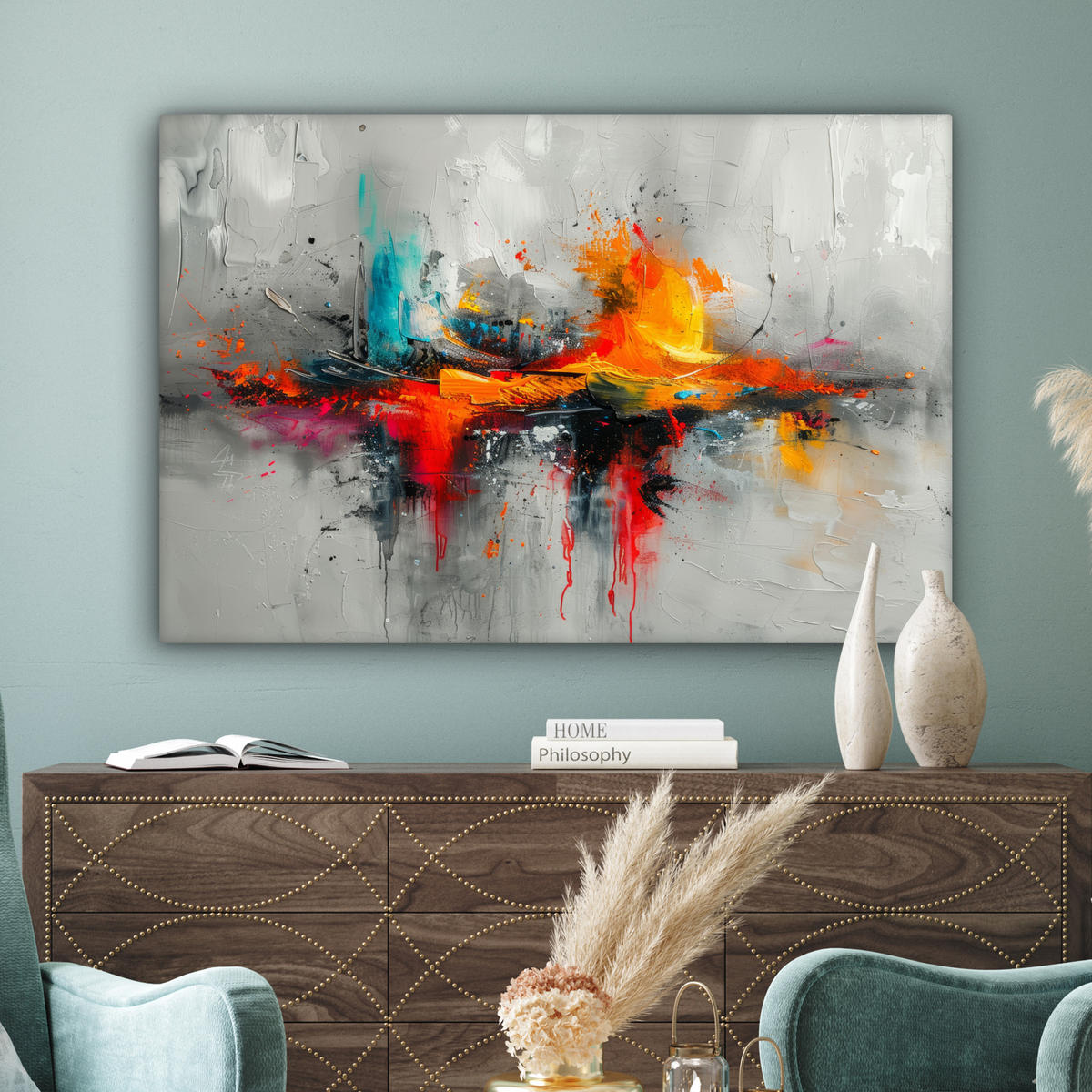LEINWANDBILD Moderne Kunst - Orange - Grau - Abstrakt Wohnzimmer Groß 120x80 cm - Hellgrau, Textil (120/80cm) - MuchoWow