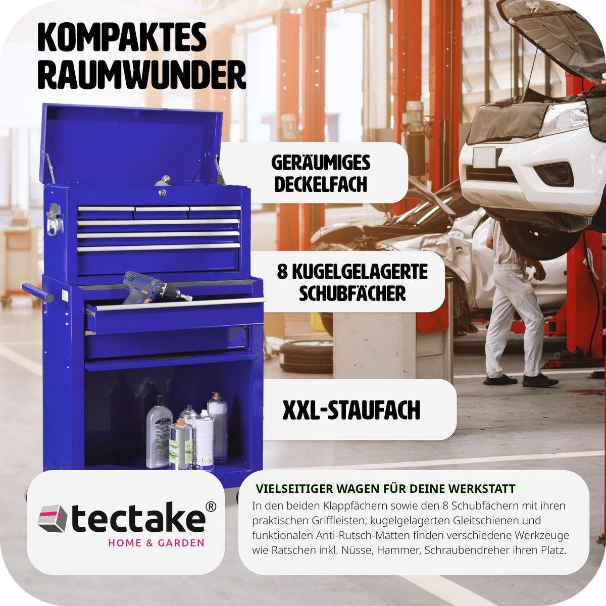 WERKZEUGWAGEN ,Rollen Ø 100 mm,blau - Blau, Metall (33/110/69cm) - tectake