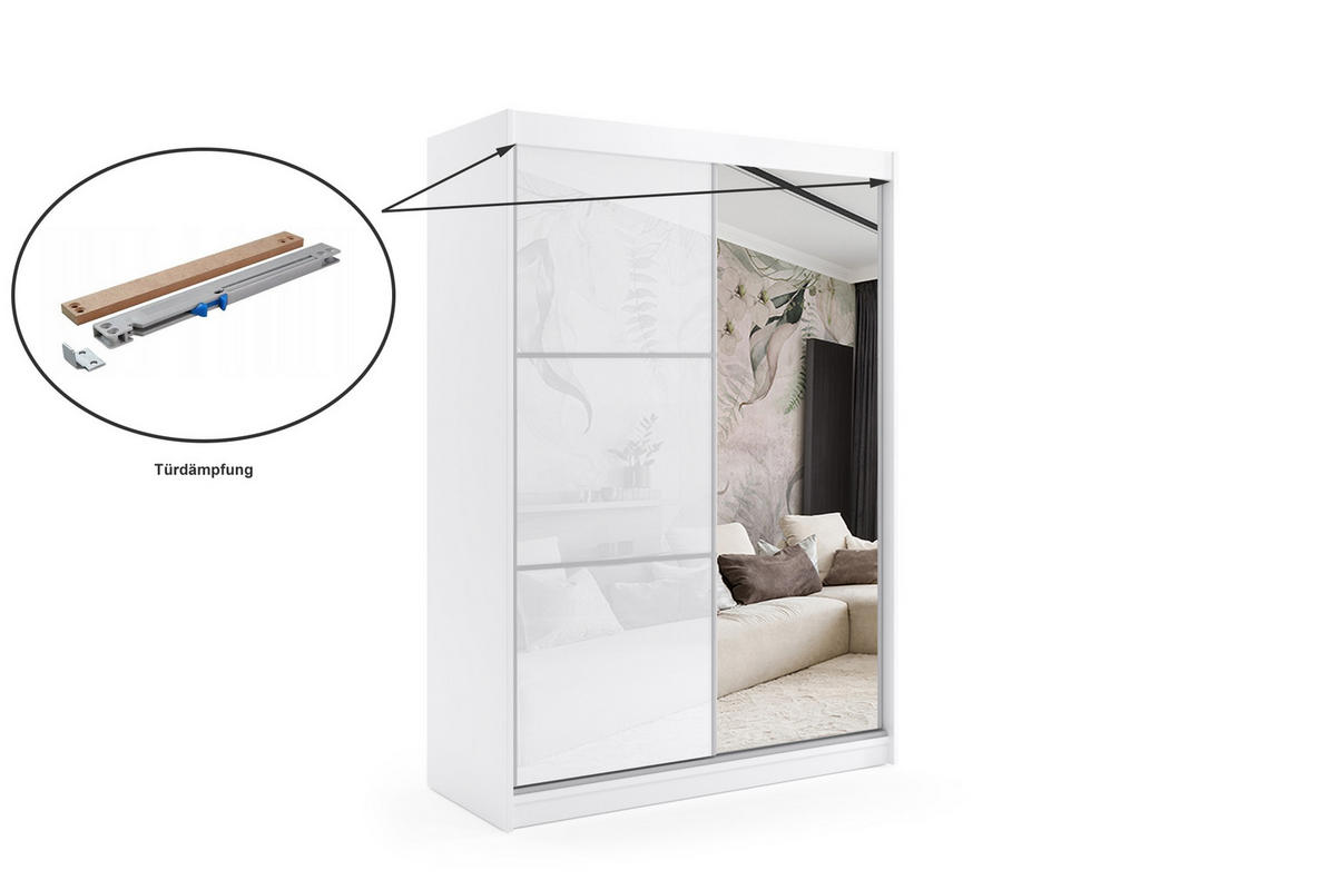 KLEIDERSCHRANK mit Spiegel-Schiebetüren und Aluminium-Leisten - VIVI - 160 cm Weiß - Weiß, Holzwerkstoff (160/216/61cm) - ALTDECOR