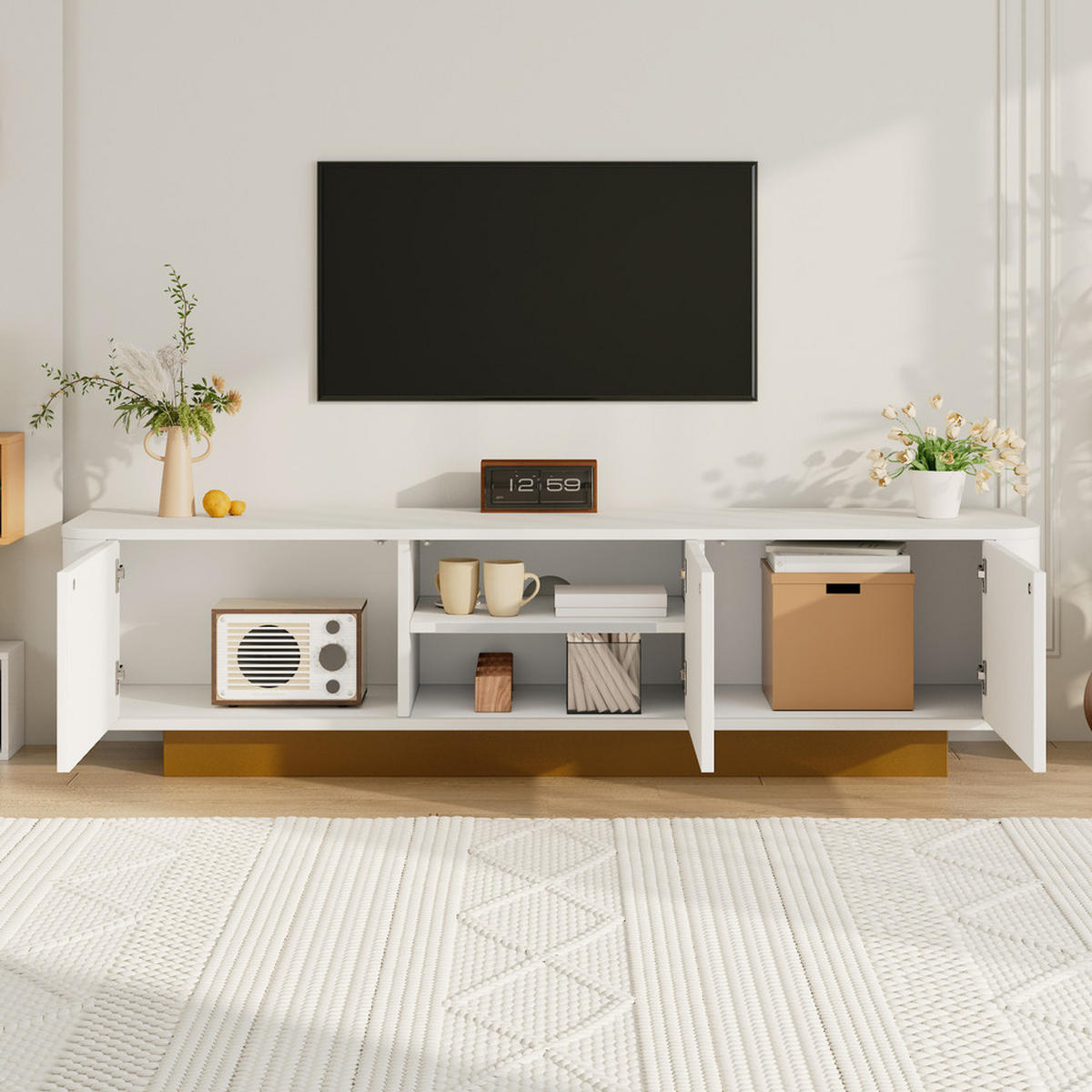 TV-SCHRANK Modern Lowboard Stauraum abgerundetes Design Weiß MDF - Weiß, Holz (43.69/16.76/80.01cm) - FLIEKS