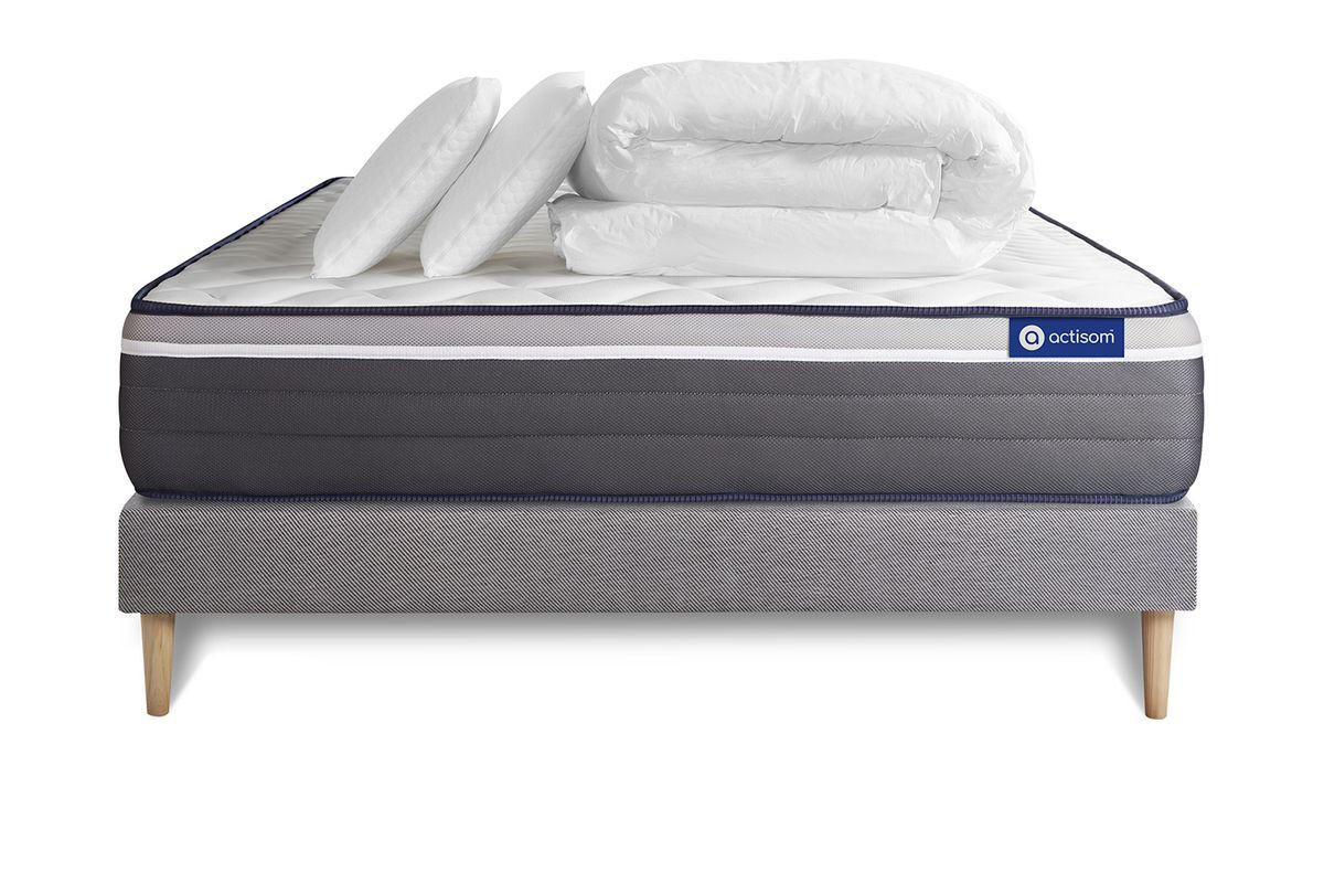 BETT Actiflex plus Taschenfederkern und Memory-Schaum 200 x 200 cm h4 - Kit Bettgestell Grau - Mit Kissen und Bettdecke - Beige/Grau, Karton/Holz (200/200cm) - ACTISOM