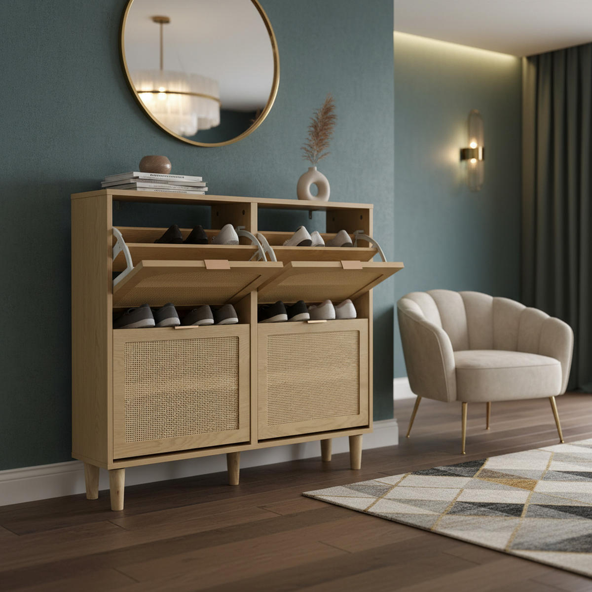 SCHUHSCHRANK im Landhausstil Rattan Eiche Optik mit 4 Klappschubladen - Eichefarben, Holzwerkstoff (100/90/25cm) - Urban Meuble