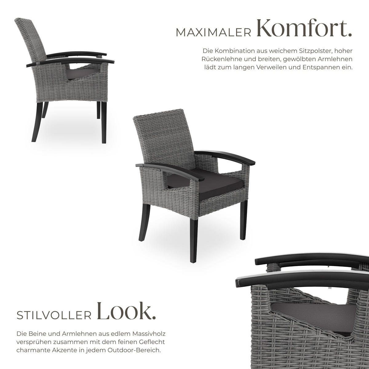 RATTAN STUHL Rosarno, inklusive Sitzpolster, 62,5 x 71,5 x 94 cm, grau - Grau, Kunststoff (62.5/94/71.5cm) - tectake