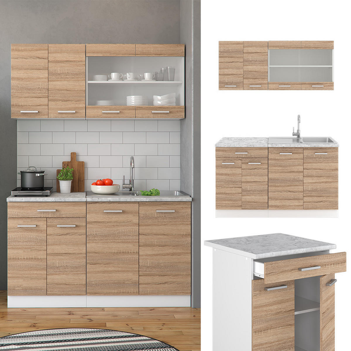 SINGLEKÜCHE R-Line Sonoma 140 cm, AP Marmor - Weiß/Sonoma Eiche, Holzwerkstoff (140/81.6/60cm) - Vicco