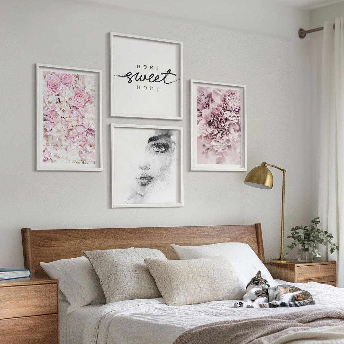 BILDER SET 4er Set - 50x50 cm & 40x60 cm Weißer Rahmen - Pfingstrosenporträt einer Frau für Zuhause - Weiß, Kunststoff (50/50cm) - TULUP