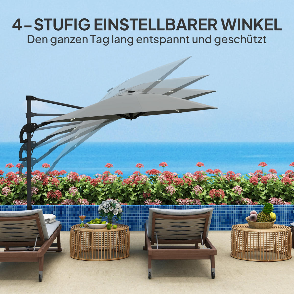 AMPELSCHIRM DE-05688 LED Solar, höhenverstellbar mit Kurbel Dunkelgrau - Dunkelgrau, Textil/Metall (294/360cm) - ComfortXL