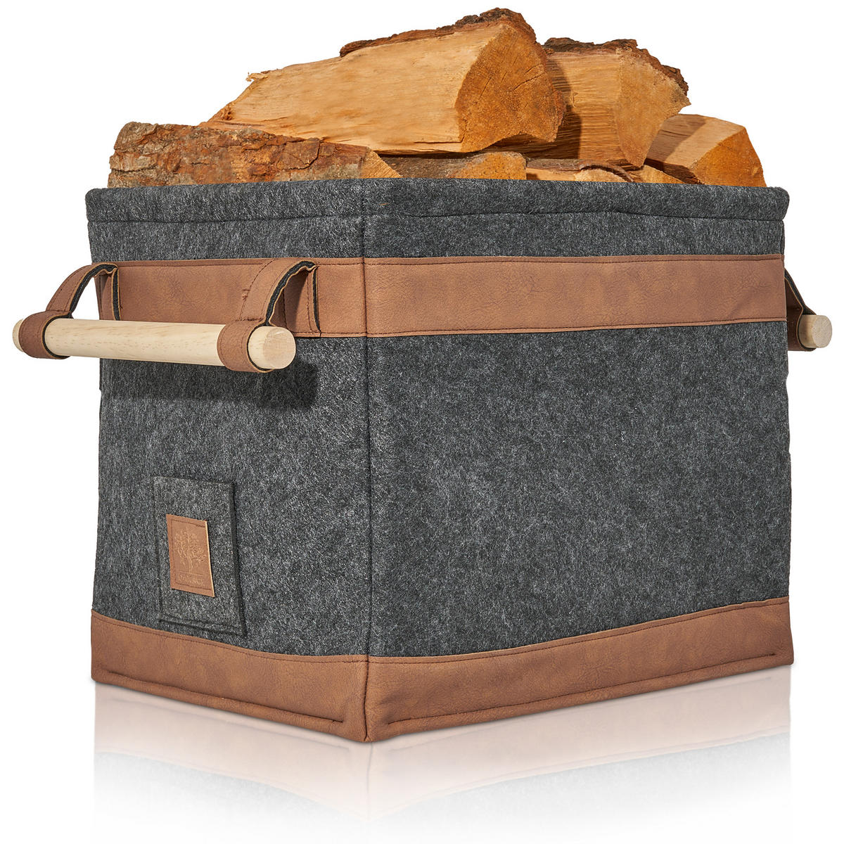 KAMINHOLZKORB FireMaster Filz mit schmutz- und wasserabweisendem Innenlayer und Lederboden 42/32/35 cm - Dunkelgrau, Textil (32/35/42cm) - OAKAGE
