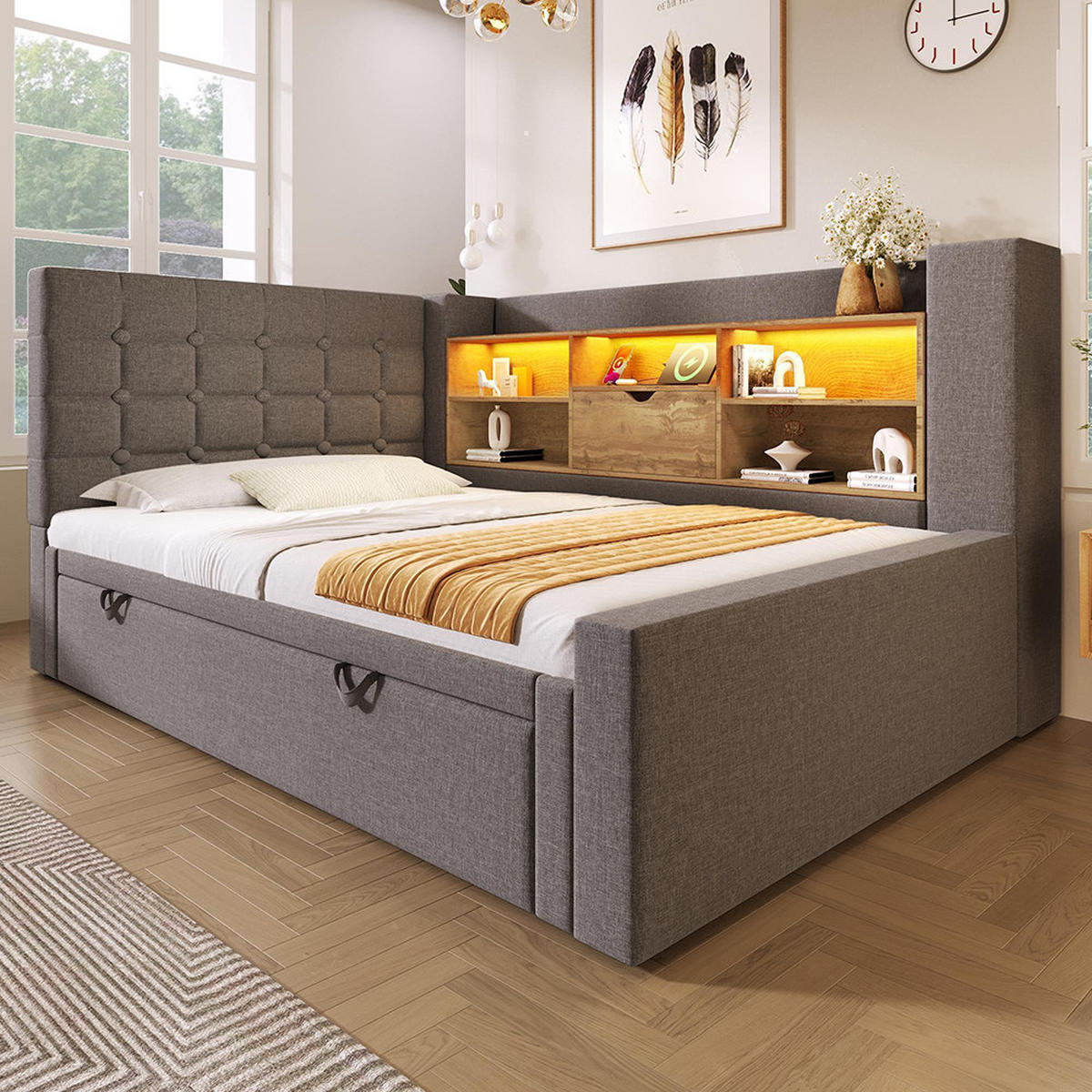 POLSTERBETT 90x200 cm mit Ausziehbett in Grau - Grau, Textil (90/200cm) - KOMHTOM