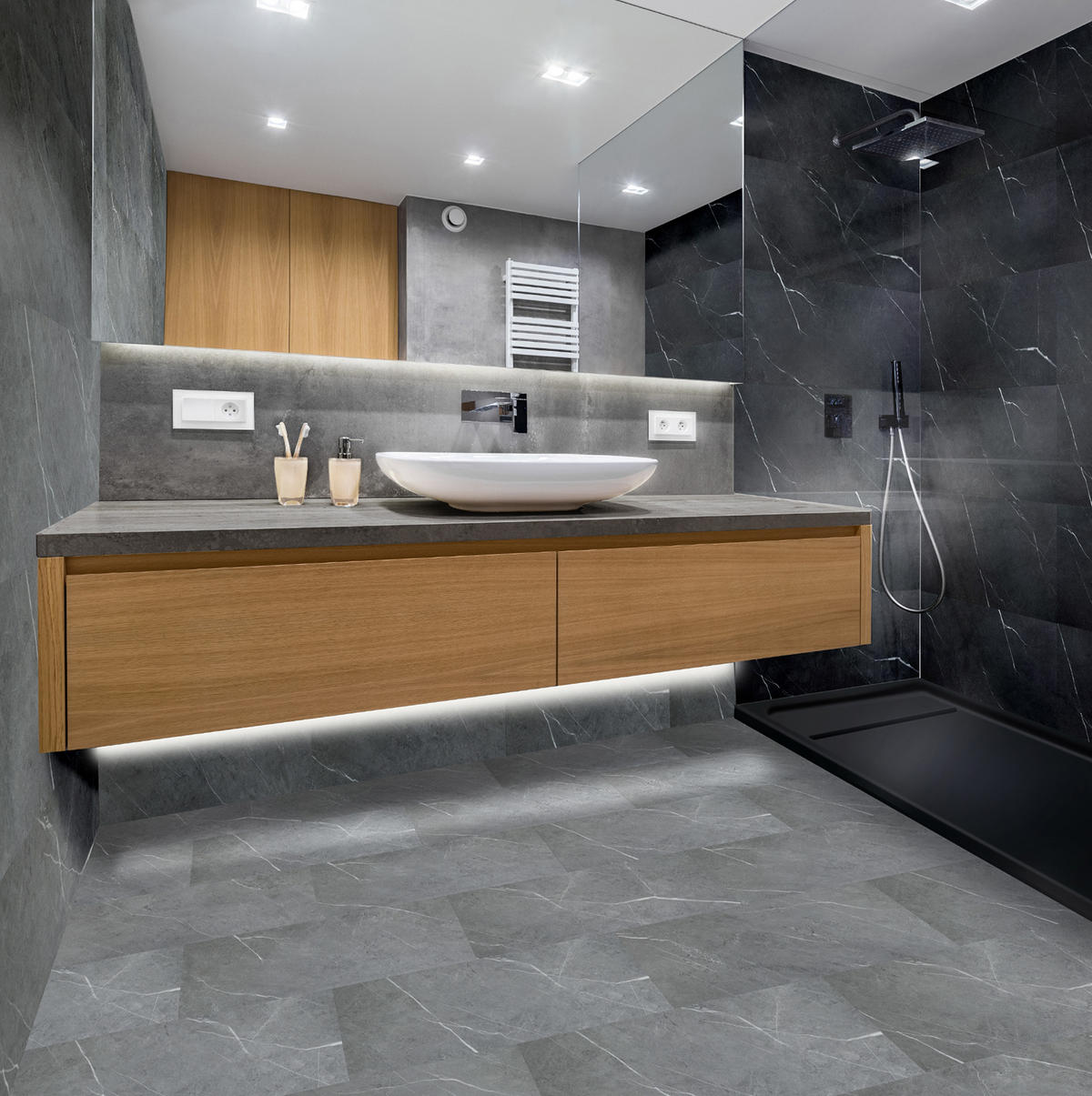 AQUA Click Tiles - Wasserdichte Wandpaneele und Bodenpaneele für Badezimmer - Hawick - grau - 12 Paneele (2,23m²) - Grau, Kunststoff (61/30.5/0.4cm) - Aqua-Step® 