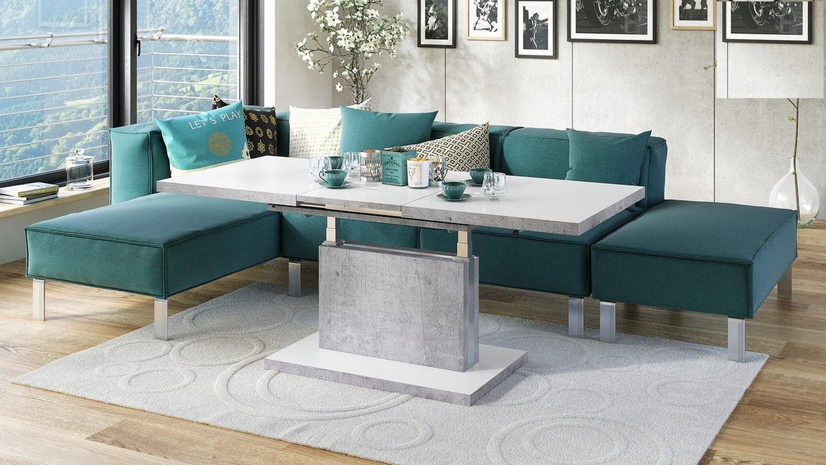 COUCHTISCH rechteckig Weiß matt Beton ausziehbar höhenverstellbar - Hellgrau/Weiß, Holzwerkstoff (70/120/56cm) - designimpex
