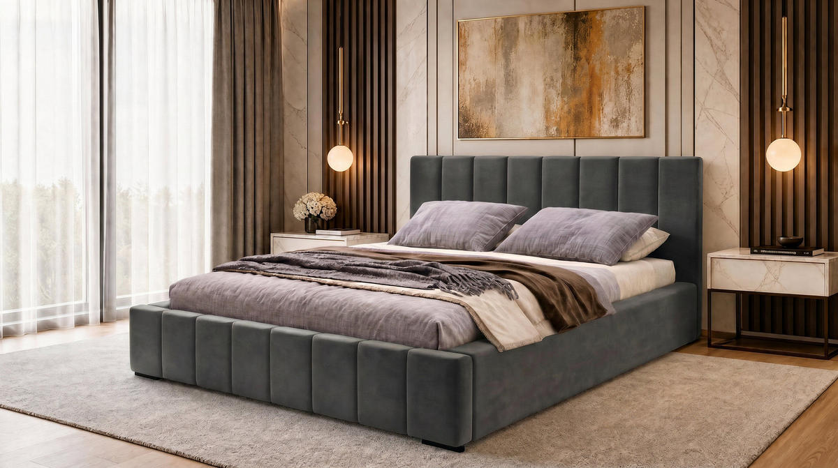 POLSTERBETT Nero 200x200 cm, Doppelbett mit Bettkasten und Lattenrost aus Holz, Velourstoff: Grau - Grau, Holz/Textil (200/200cm) - Marpur