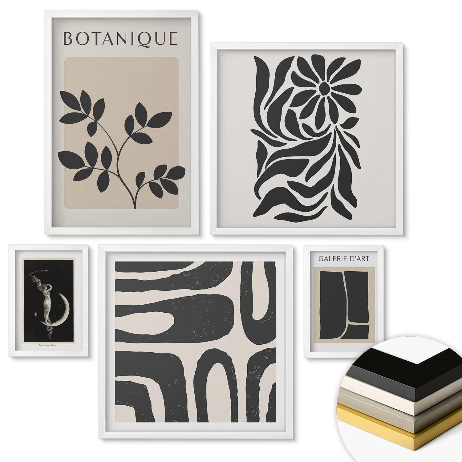WANDBILDER 5er-Set - 50x50 cm & 20x30 cm & 40x60 cm Weißer Rahmen - Abstrakte Pflanzenmuster - Weiß, Kunststoff (40/60cm) - ArtPrintCave