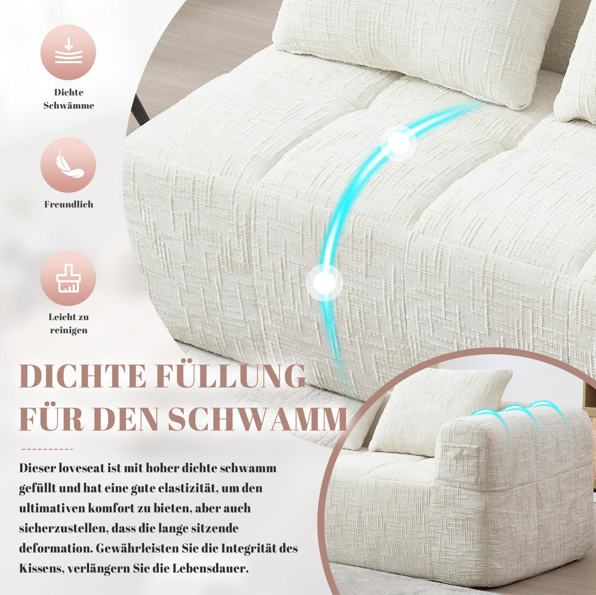 2-SITZER 158/90/60 cm Beige aus Chenille mit Seitentaschen - Beige, Textil (90/60/158cm) - OKMYHOME