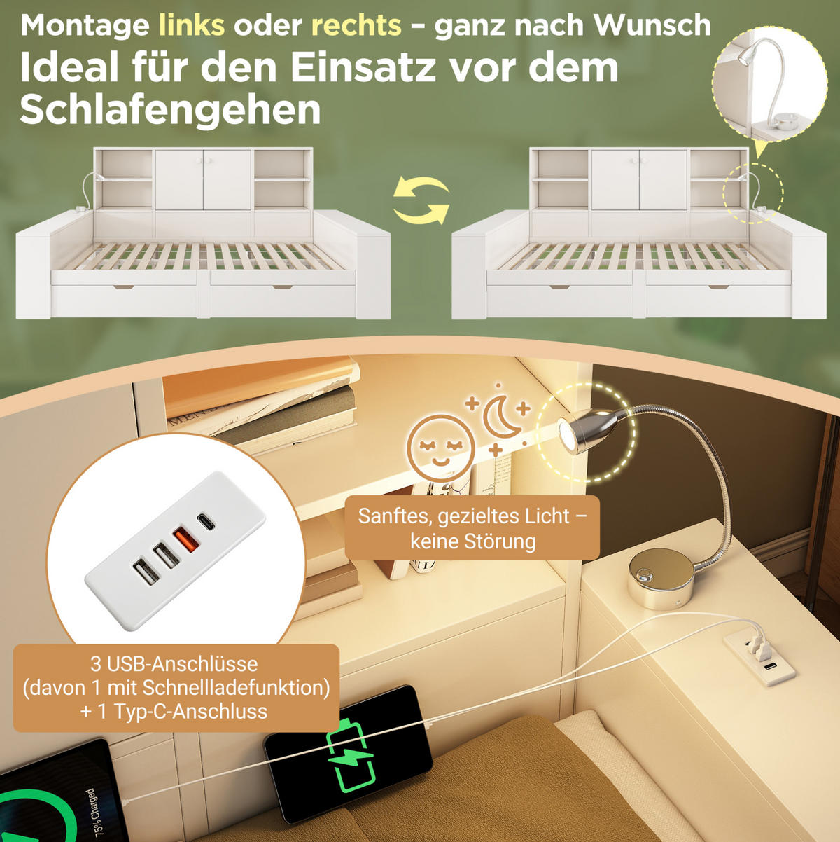 JUGENDBETT Stauraumbett 140/200 cm aus MDF und Sperrholz mit USB-Anschlüssen und Schubladen Weiß - Weiß, Holzwerkstoff (140/200cm) - Modenvie