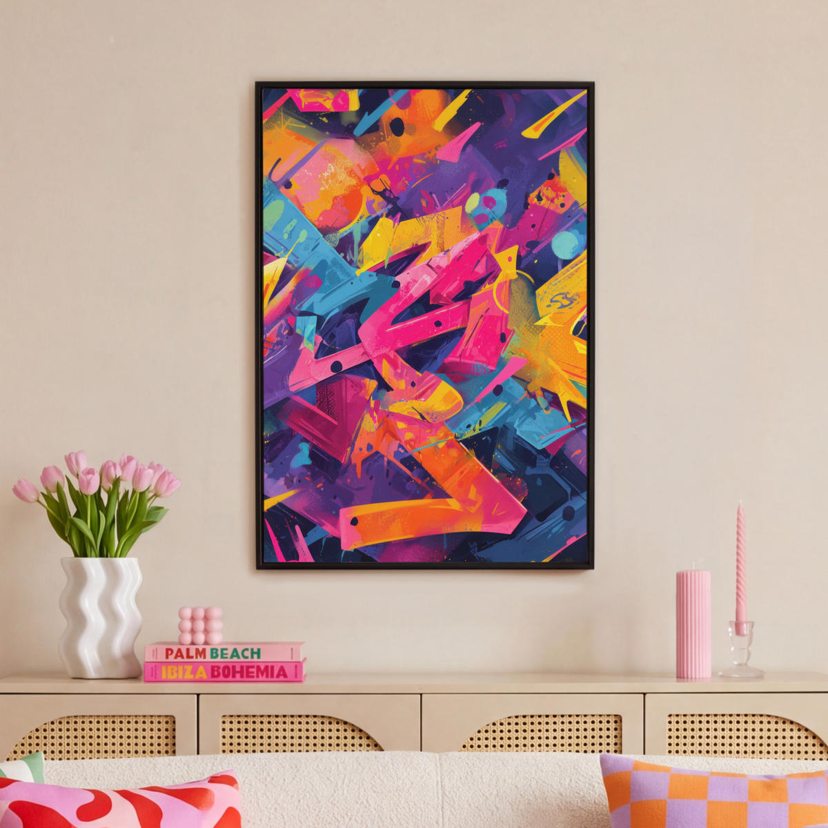LEINWAND Bilder mit Rahmen - Abstrakt - Formen - Farbenfroh - 60x90 - Magenta, Textil (60/90cm) - MuchoWow