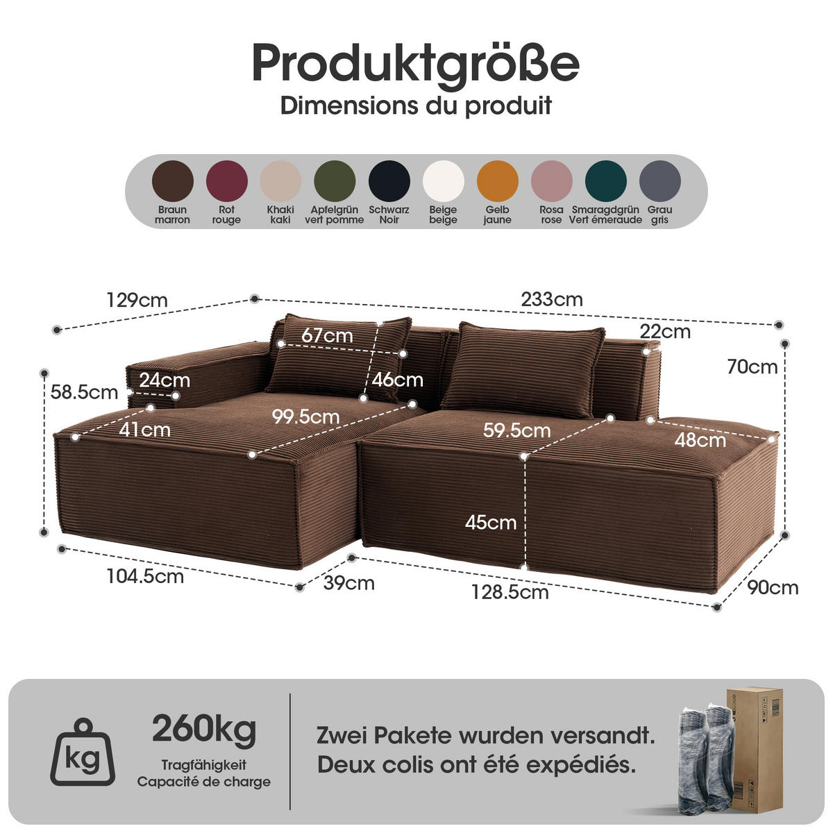 3-SITZER ECKSOFA Polyester Braun mit 2 Kissen - Braun, Textil (235/129cm) - WISHDOR
