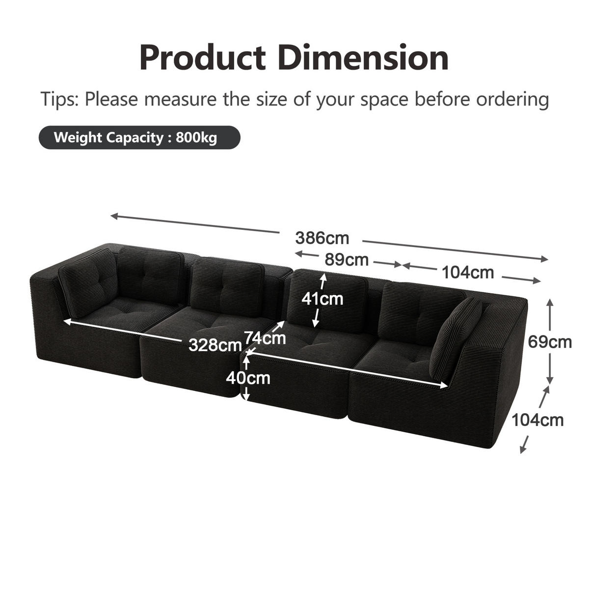 ECKSOFA 386/104/69 cm schwarz aus Cord mit tiefer Sitzfläche und modularem Design - Schwarz, Textil (104/386cm) - OKWISH